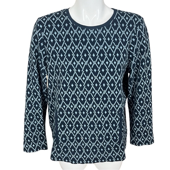J. Jill Blue Geometric Design Crew Neck Kangaroo Pocket Cotton Sweater Large - Picture 2 of 10